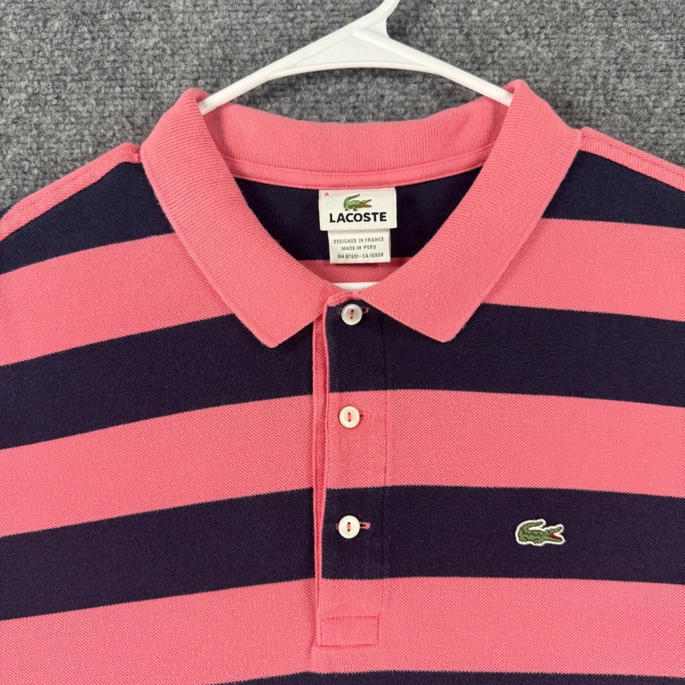 Vintage Lacoste Polo Shirt Mens 2XL Pink Navy Blue Striped Cotton Short Sleeve